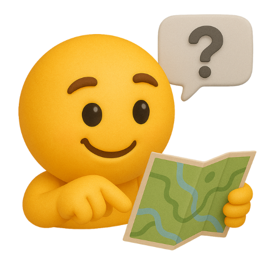 Image of a smiley emoji pointing to a map